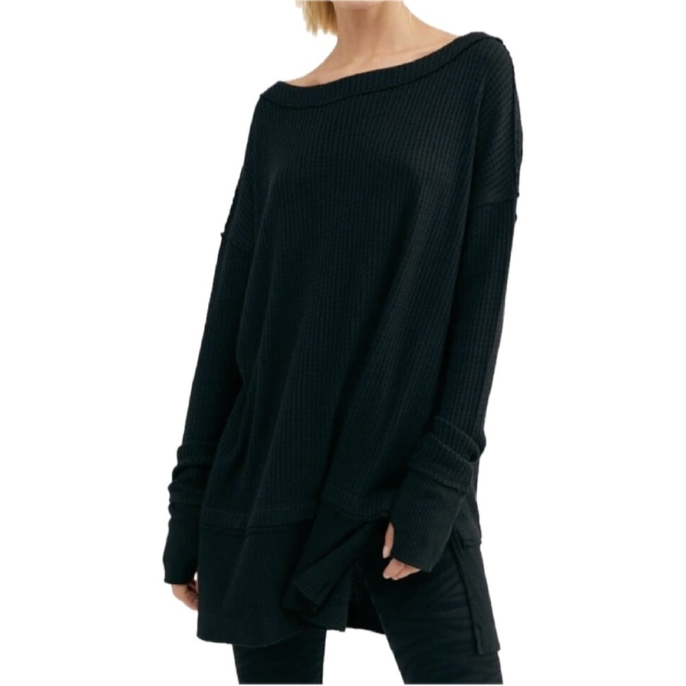 We The Free people North Shore Thermal long sleeve boatneck sweater black boho